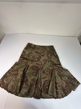 Ralph Lauren Silk Olive and Burgundy Paisley Flared Skirt